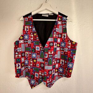 Basic Editions Holiday Womens V-Neck Vest Large Red Christmas Cotton Holiday